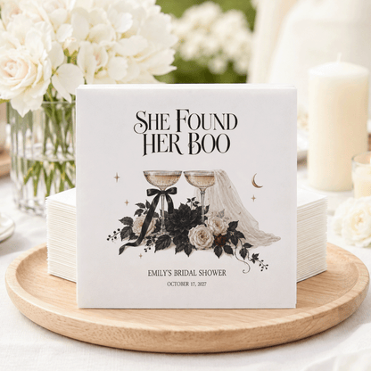 She Found Her Boo Bridal Shower Napkins, Black Florals