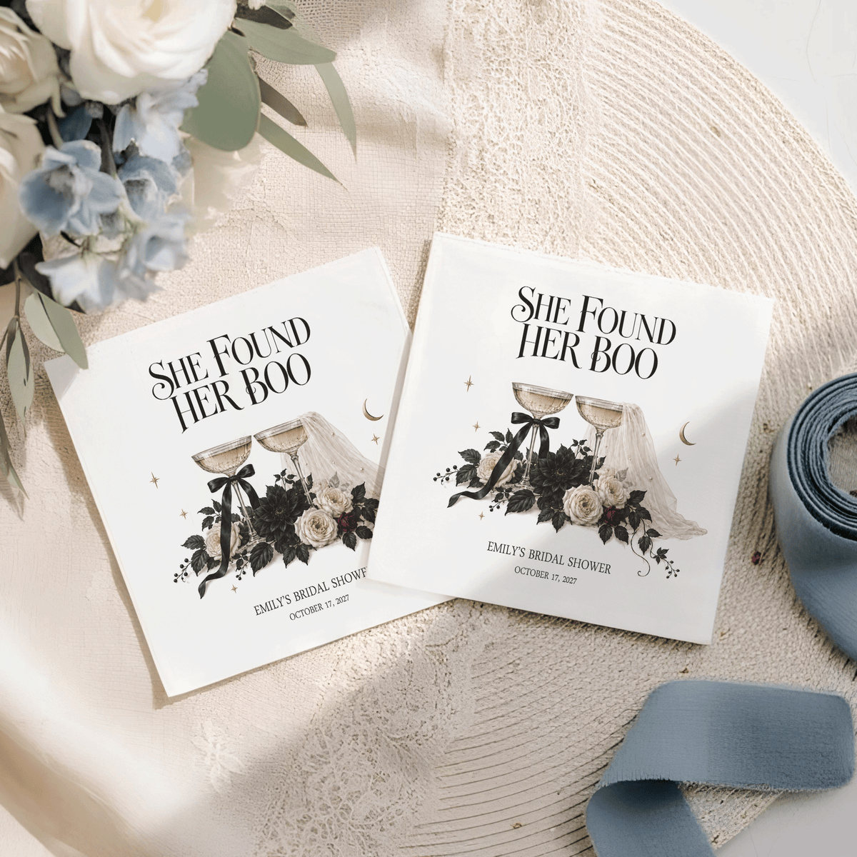 She Found Her Boo Bridal Shower Napkins, Black Florals