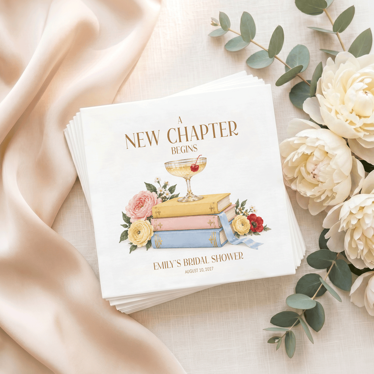 Book Club Bridal Shower Napkins, Pastel Books and Coupe
