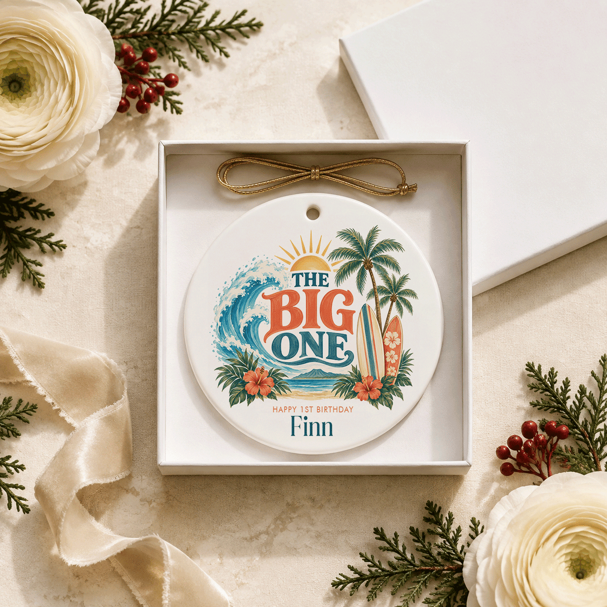 1st Birthday Surf Ornament, Personalized Beach Keepsake