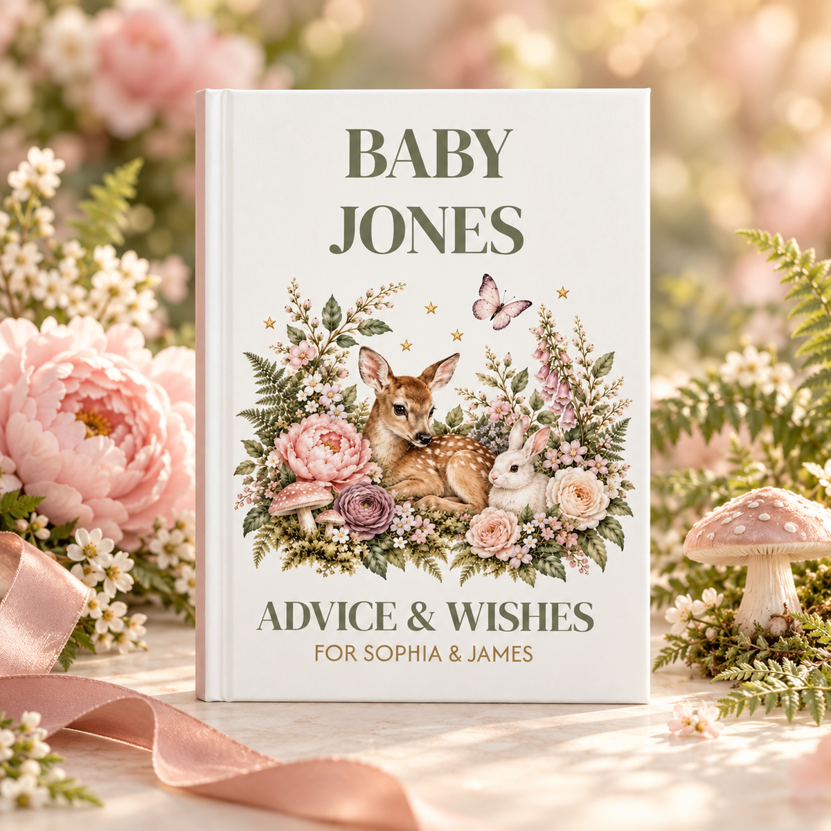 Woodland Baby Shower Guest Book, Blush Fawn and Bunny