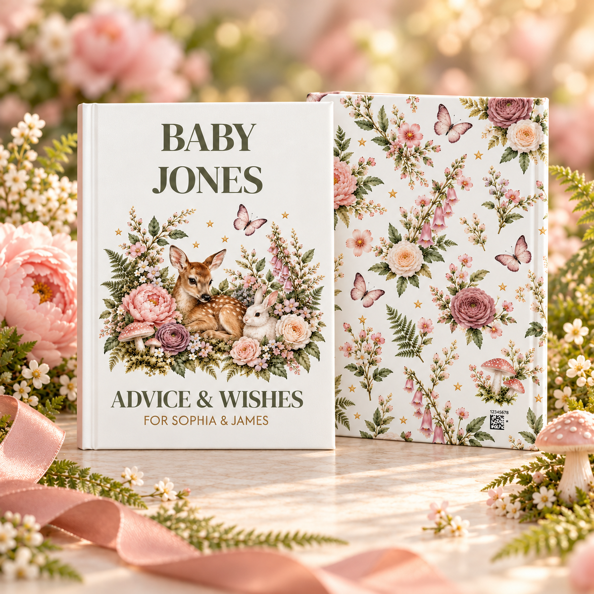 Woodland Baby Shower Guest Book, Blush Fawn and Bunny