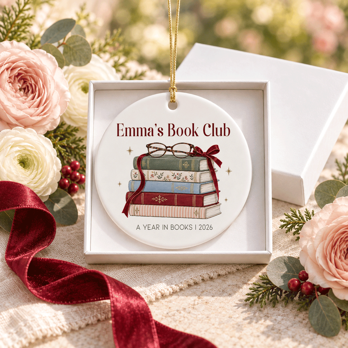 Book Lover Ornament, Personalized Books and Burgundy Bow