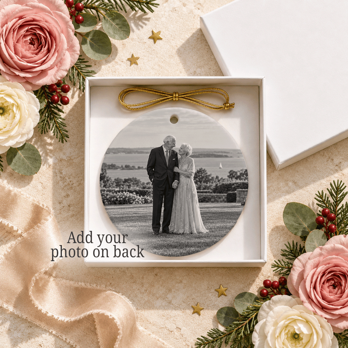 70th Anniversary Photo Ornament, Blue and Ivory Florals