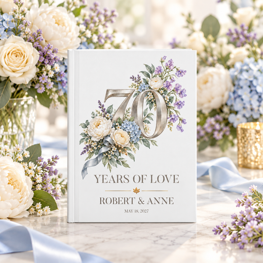70th Anniversary Guest Book, Blue and Ivory Florals