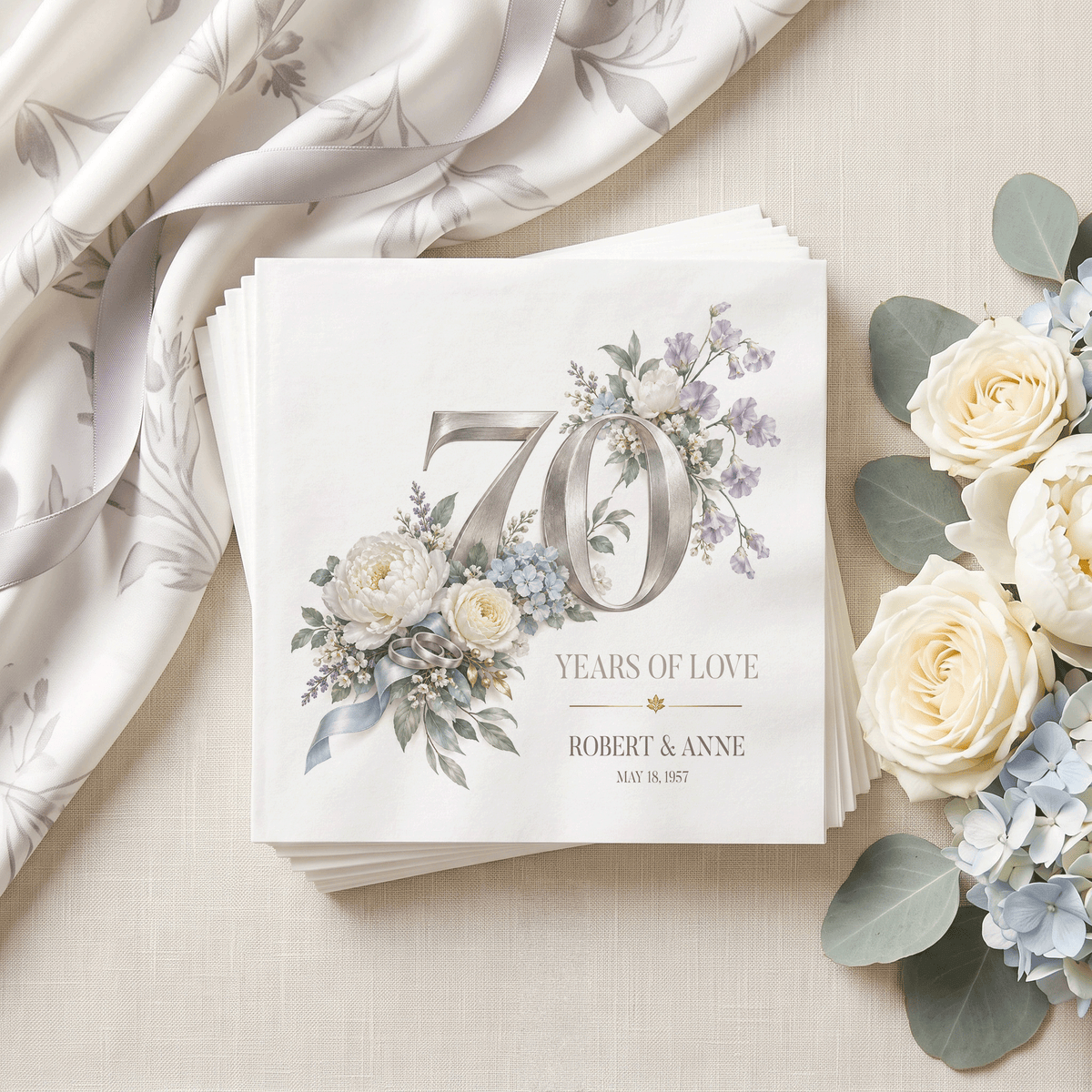 70 Years of Love Silver Blue Floral Personalized Anniversary Napkins