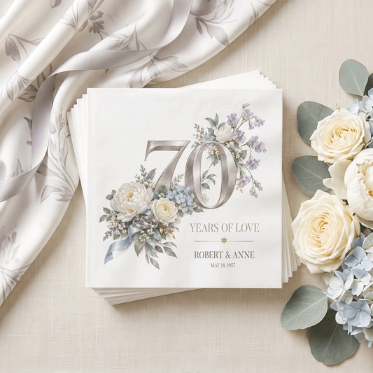 70 Years of Love Silver Blue Floral Personalized Anniversary Napkins