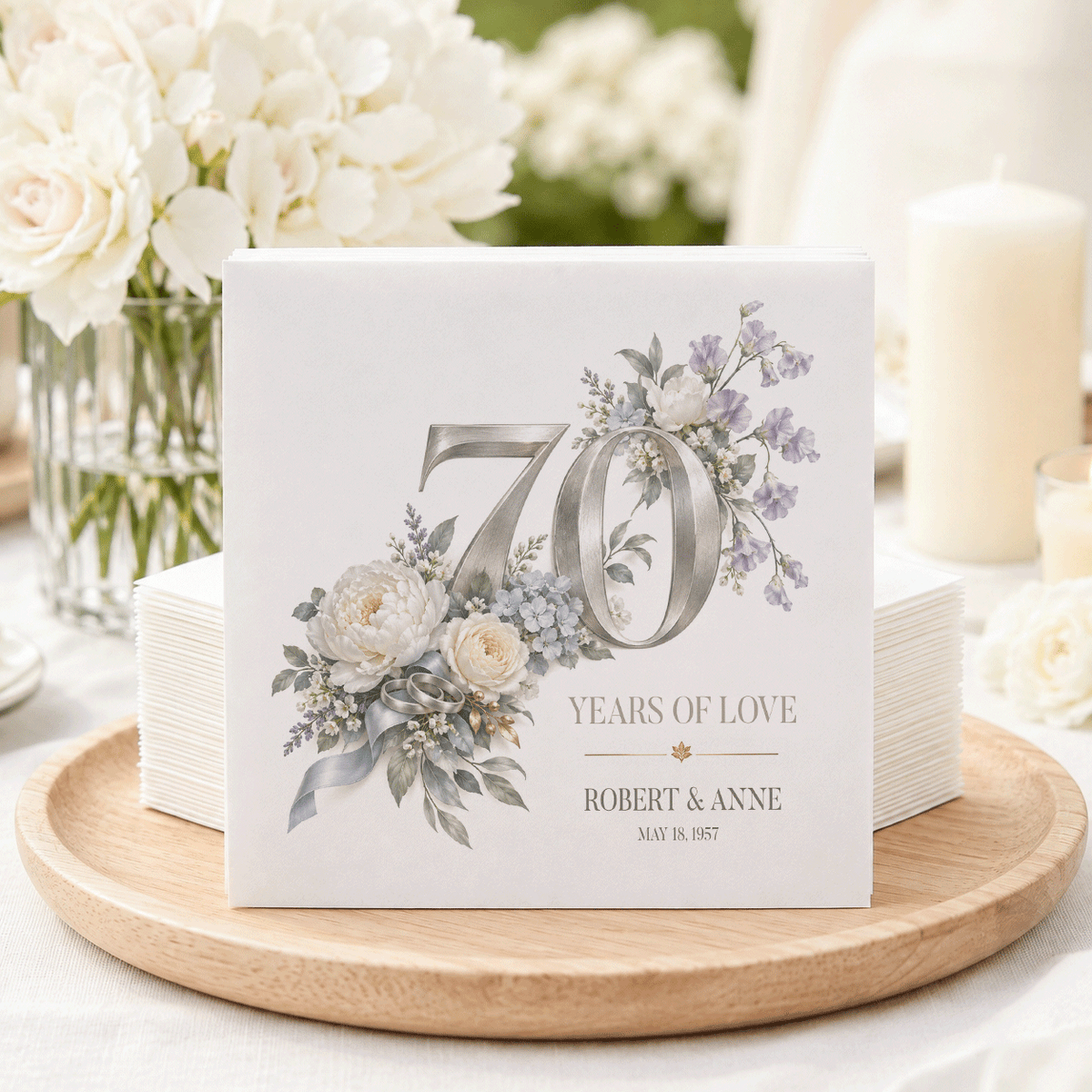 70 Years of Love Silver Blue Floral Personalized Anniversary Napkins