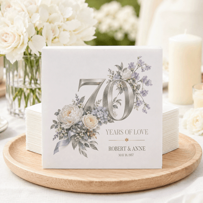 70 Years of Love Silver Blue Floral Personalized Anniversary Napkins