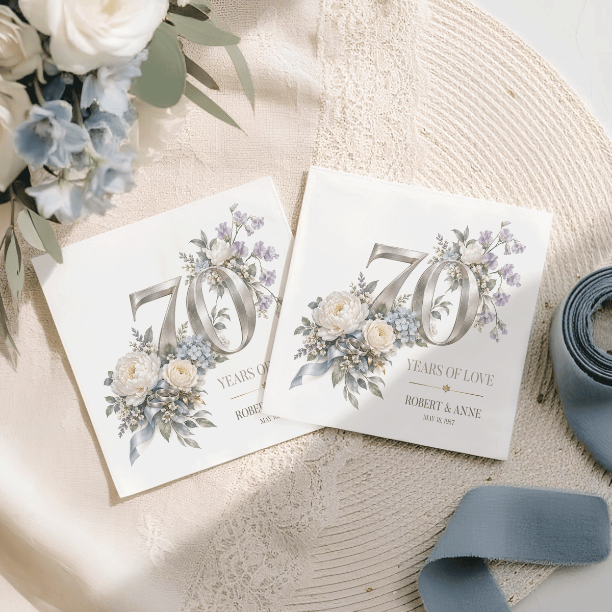 70 Years of Love Silver Blue Floral Personalized Anniversary Napkins