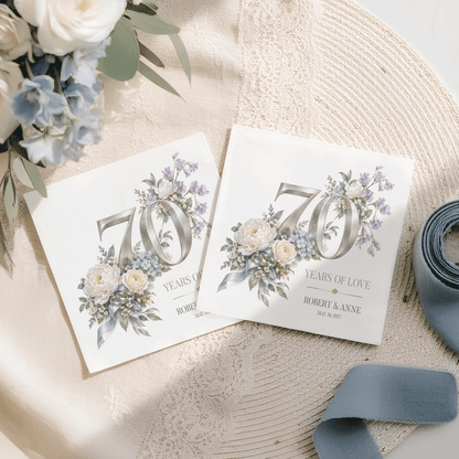 70 Years of Love Silver Blue Floral Personalized Anniversary Napkins
