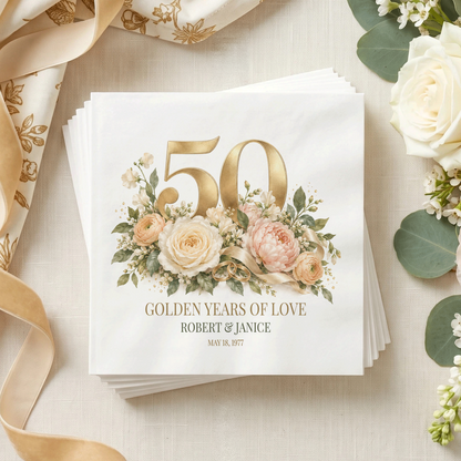 50th Anniversary Napkins, Personalized Golden Years of Love