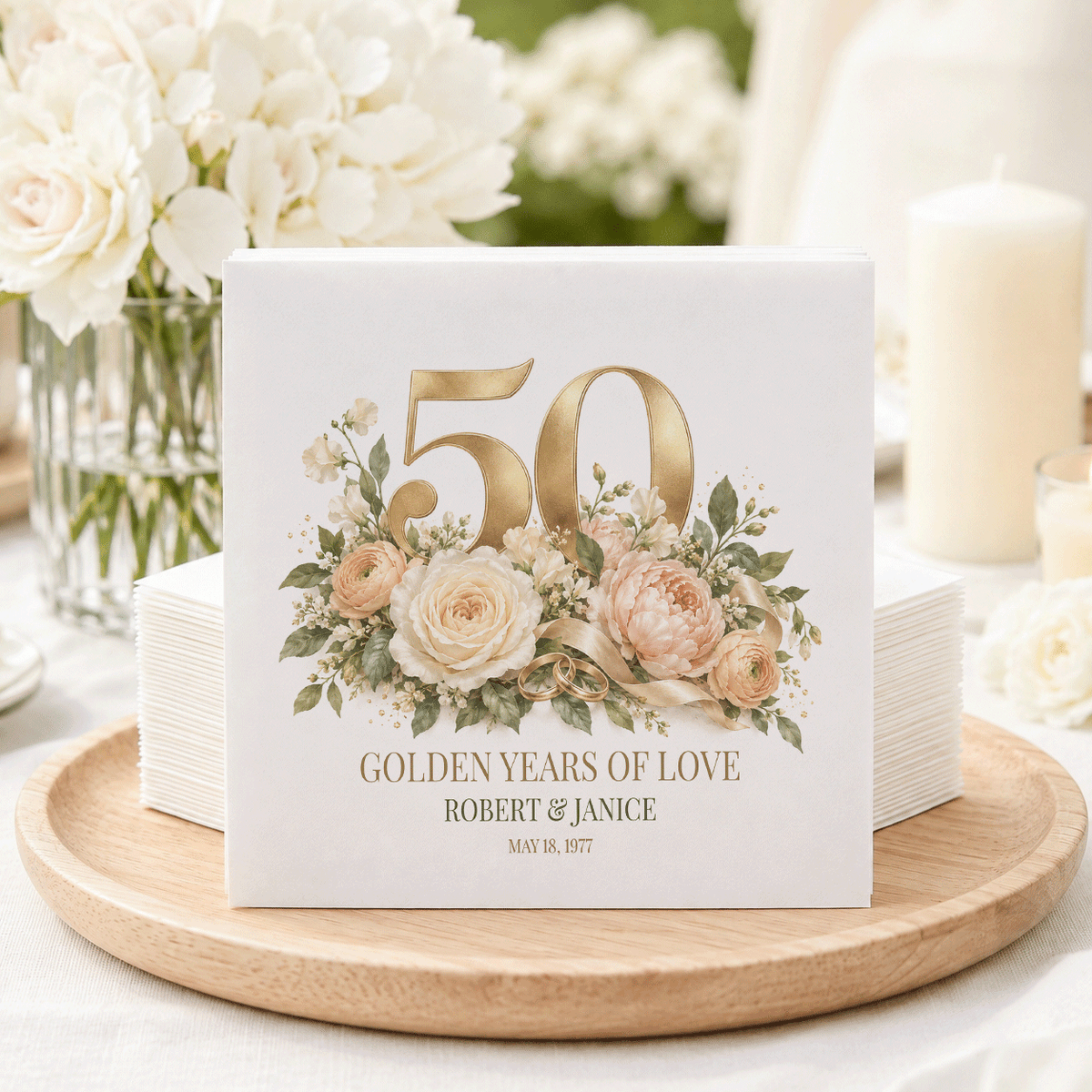 50th Anniversary Napkins, Personalized Golden Years of Love
