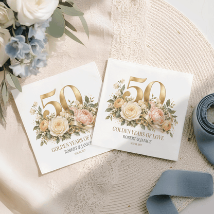 50th Anniversary Napkins, Personalized Golden Years of Love
