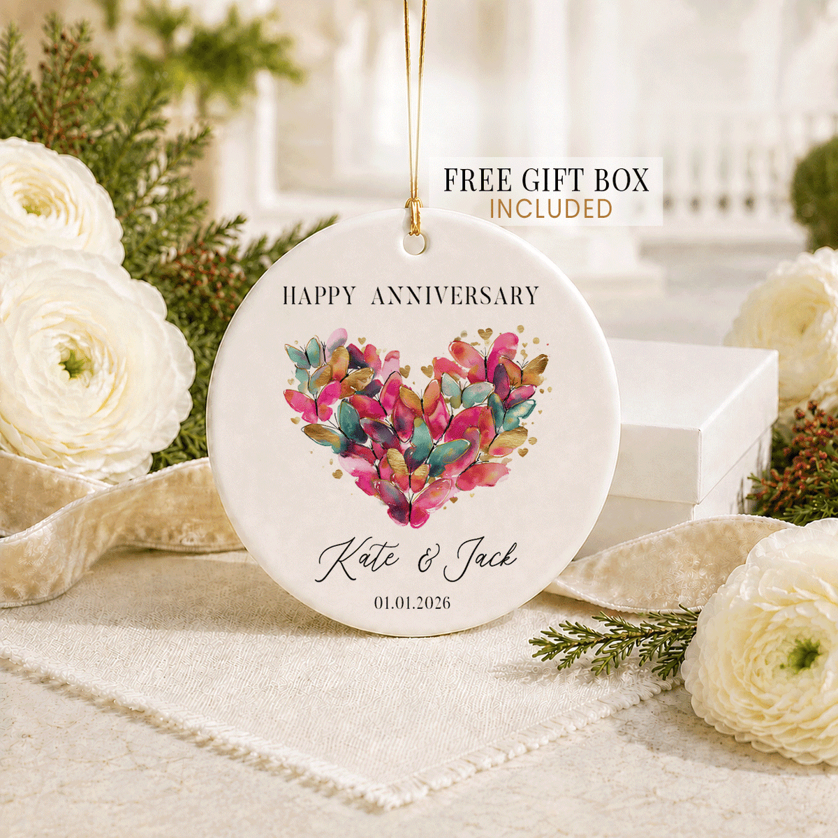 Butterfly Heart Ornament with Personalized Anniversary Text