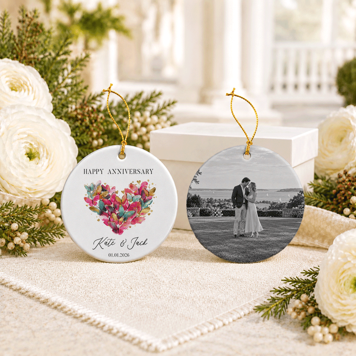 Butterfly Heart Ornament with Personalized Anniversary Text