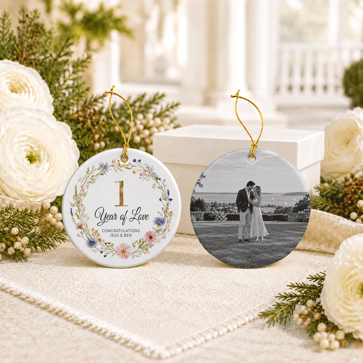 1st Anniversary Ornament with Personalized Wildflowers