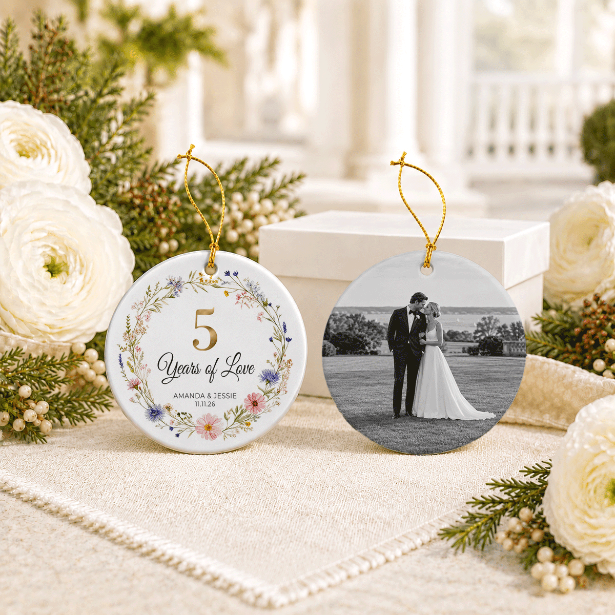 5th Anniversary Ornament with Personalized Wildflowers