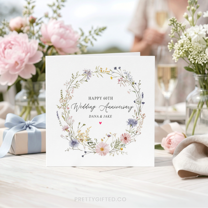 60th Wedding Anniversary Card Wildflower Wreath Personalized Diamond Anniversary Gift