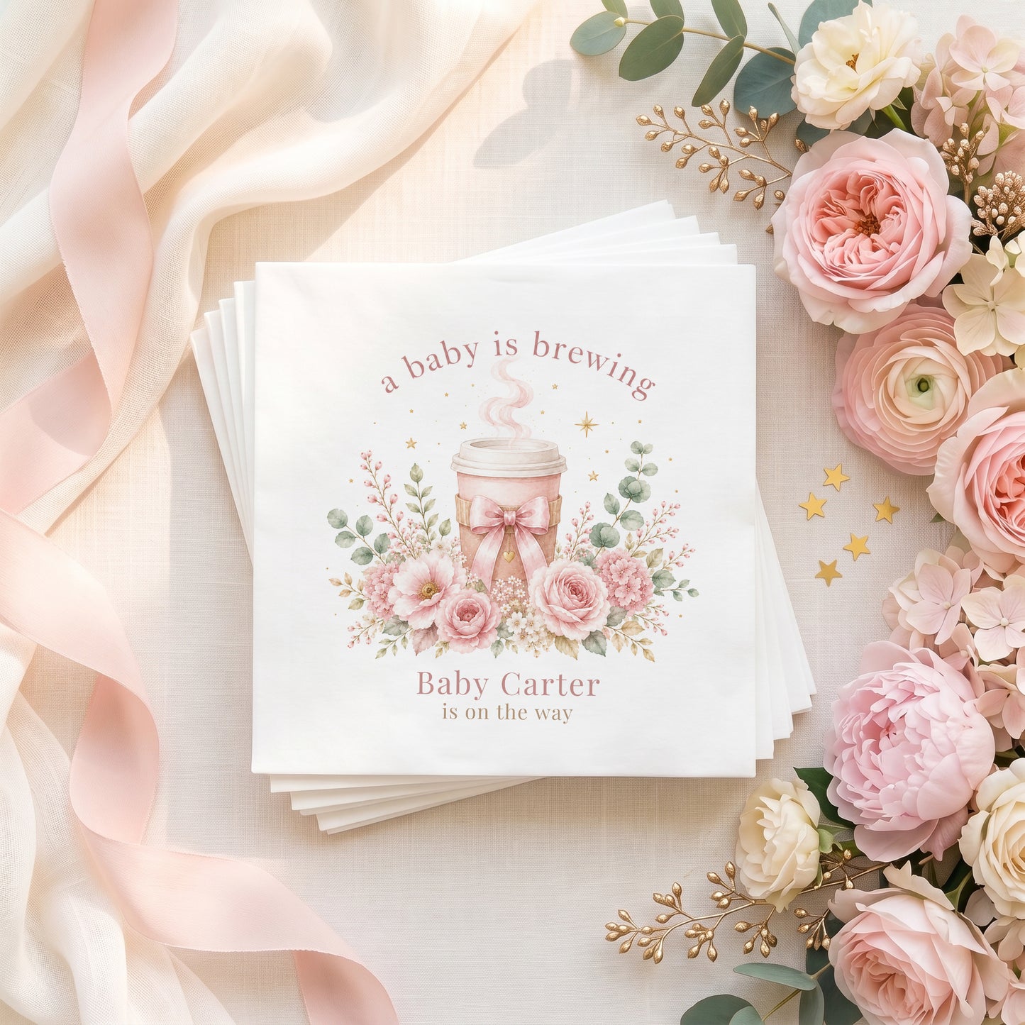 Personalized pink A Baby Is Brewing baby shower napkins with coffee cup, florals and custom baby name
