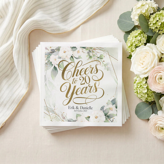 20th Anniversary Napkins, Cheers to 20 Years Floral - Pretty Gifted