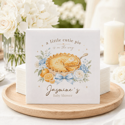 Napkins with a pie illustration and "Jasmine's Baby Shower" text.