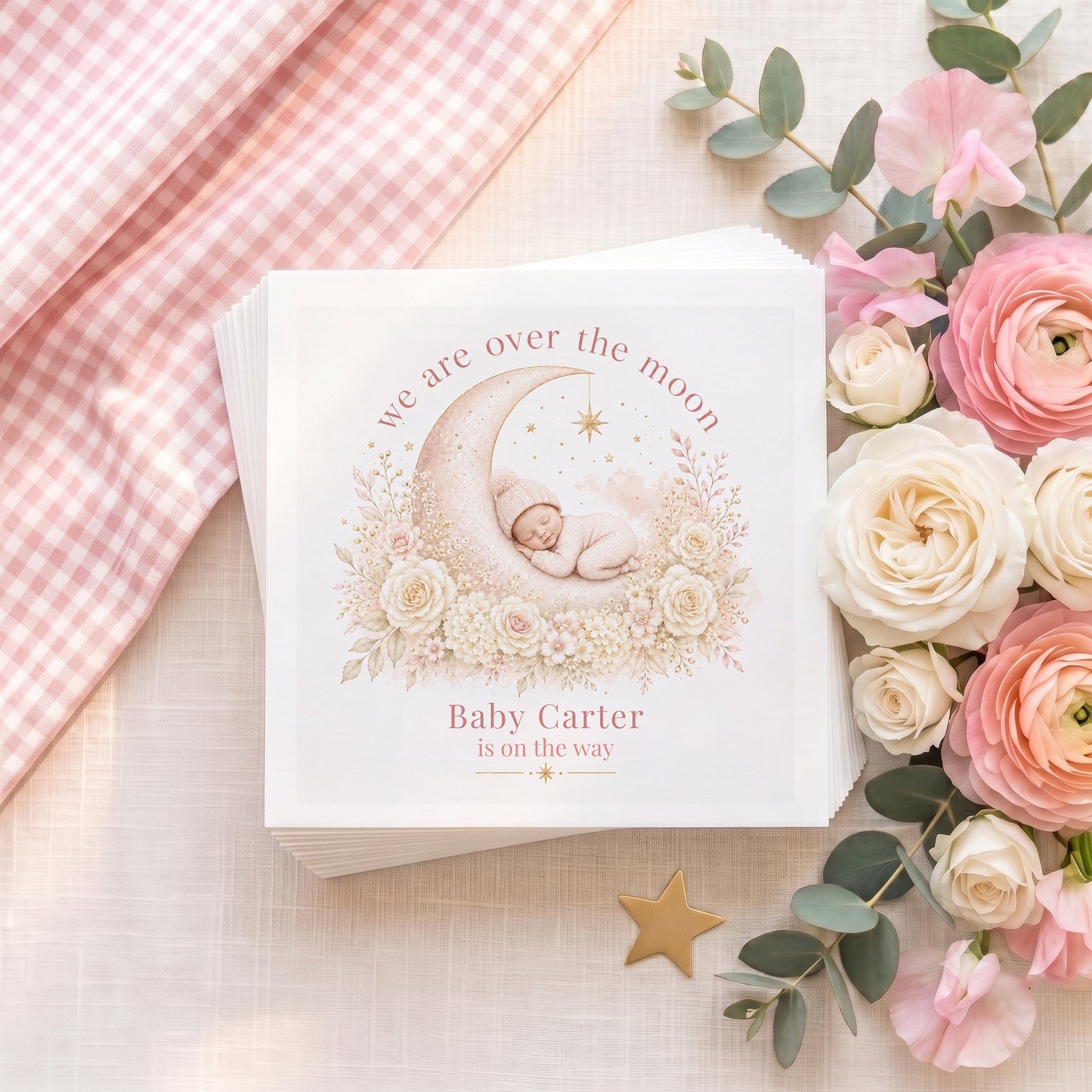 Baby shower card with sleeping baby on moon, text "Baby Carter is on the way."