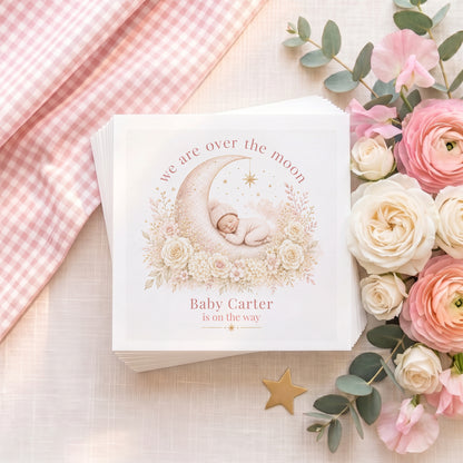 Baby shower card with sleeping baby on moon, text "Baby Carter is on the way."