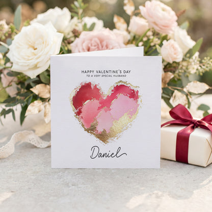 Valentine's Day Card for Husband with Gold Brushstroke Heart, Personalized