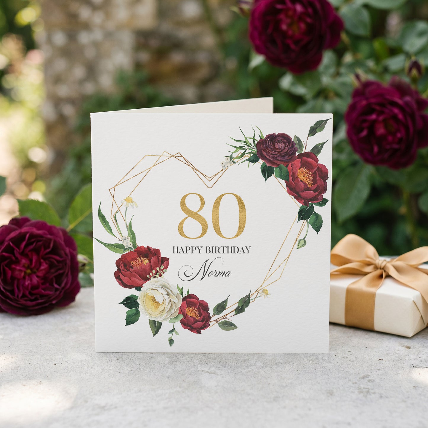 Personalized 80th Birthday Card with Burgundy Floral Heart, 80 Years Loved