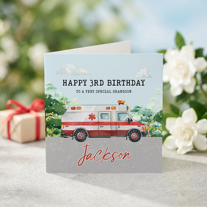 Personalized Ambulance Birthday Card for Kids, Any Age and Any Name