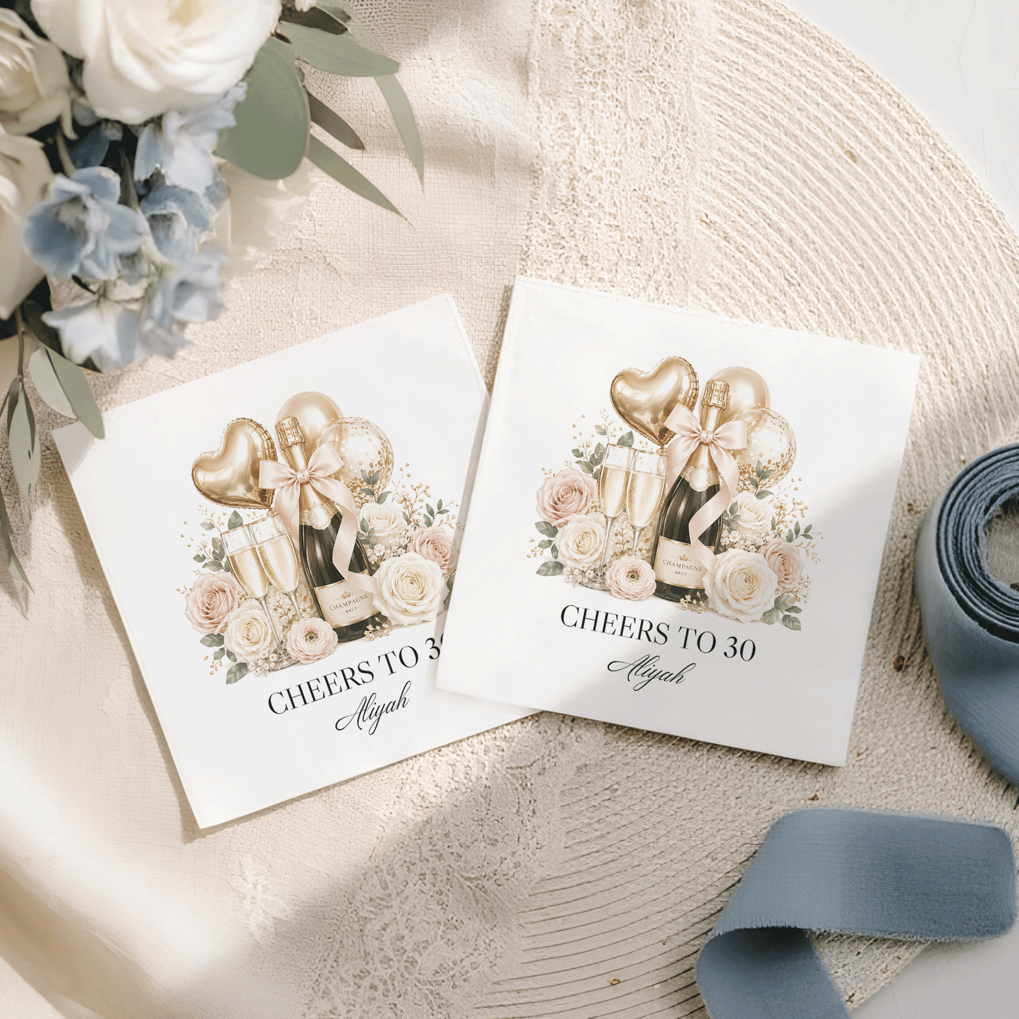Two cards with "Cheers to 30 Aliyah" text and champagne celebration graphics.