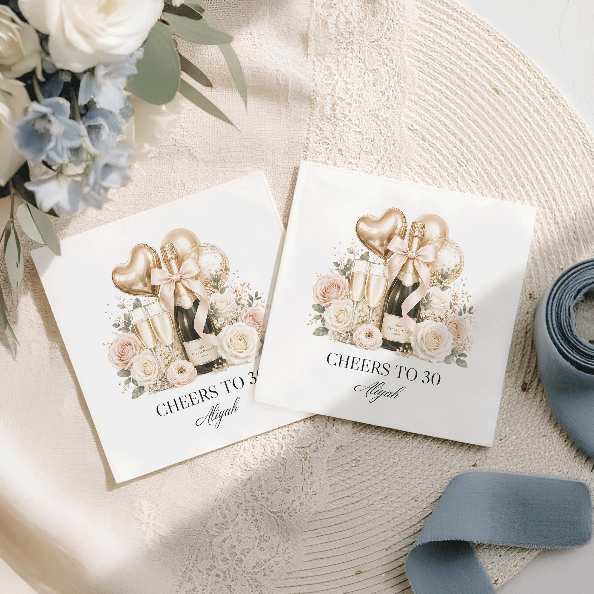 Two cards with "Cheers to 30 Aliyah" text and champagne celebration graphics.