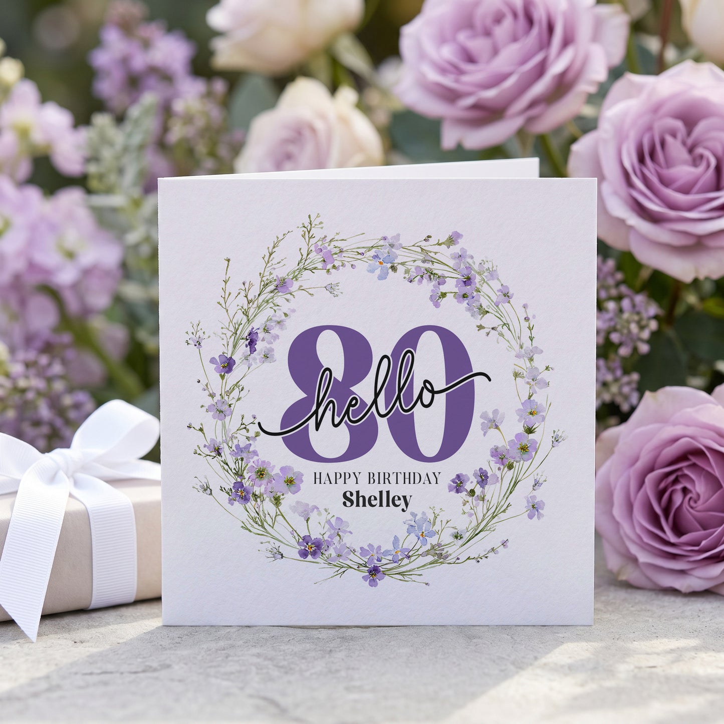 Personalized Hello 80 Birthday Card with Purple Botanical Wildflower Wreath