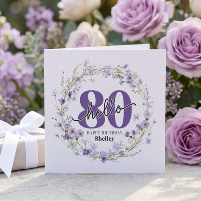 Personalized Hello 80 Birthday Card with Purple Botanical Wildflower Wreath