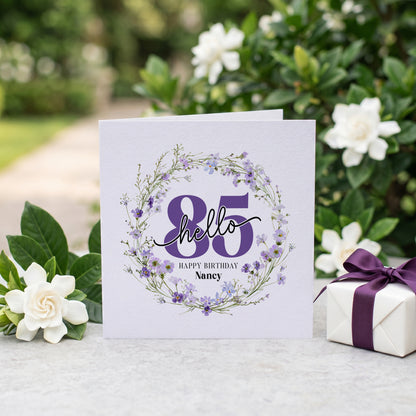 Personalized Hello 85 Birthday Card with Purple Wildflower Floral Wreath
