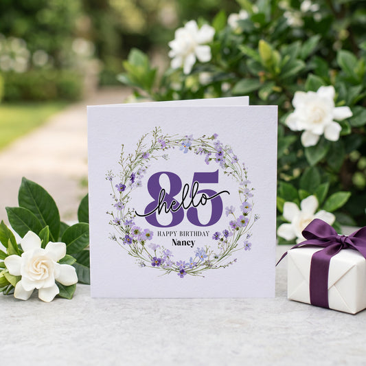 Personalized Hello 85 Birthday Card with Purple Wildflower Floral Wreath