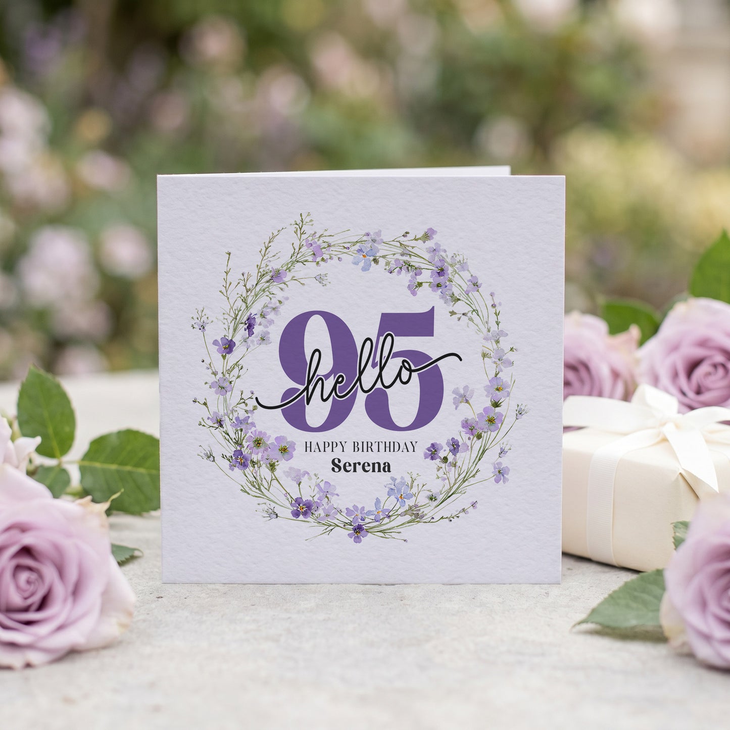 Personalized Hello 95 Birthday Card with Purple Wildflower Floral Wreath