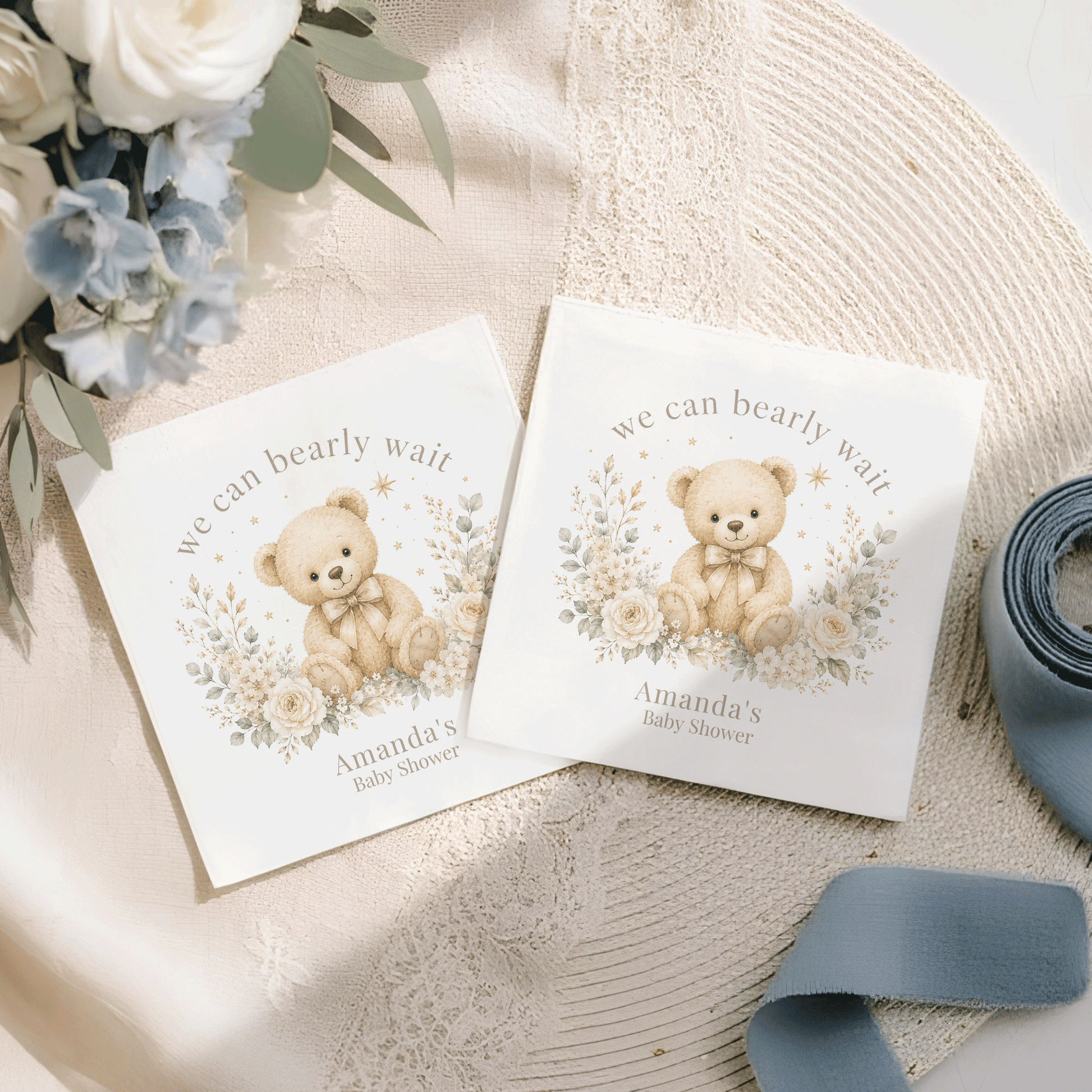 Two baby shower cards with teddy bears and "Amanda's Baby Shower" text.