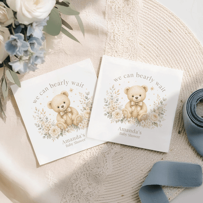 Two baby shower cards with teddy bears and "Amanda's Baby Shower" text.