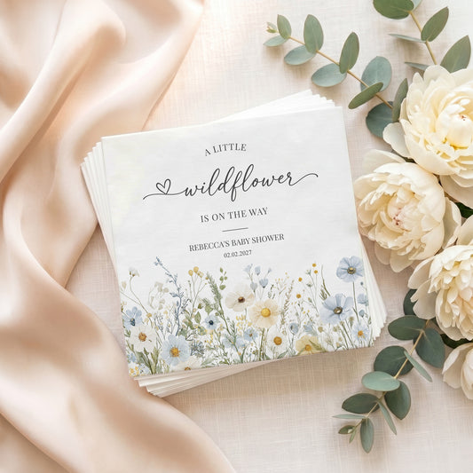 Baby shower napkins with "A Little Wildflower" and floral design.