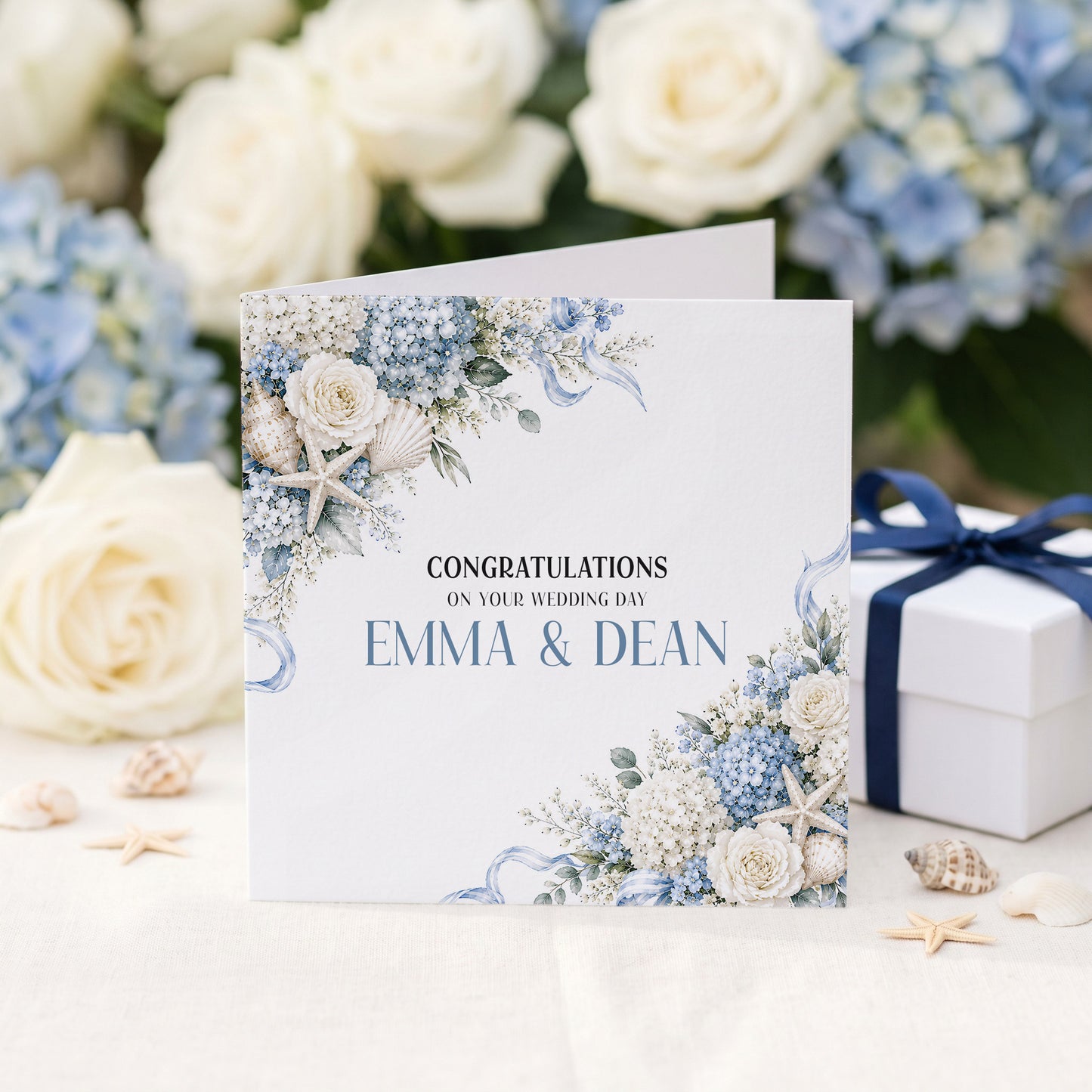 Beach Wedding Card, Personalized Coastal Hydrangea Floral