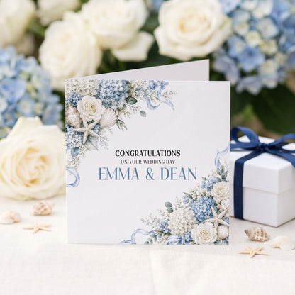 Beach Wedding Card, Personalized Coastal Hydrangea Floral