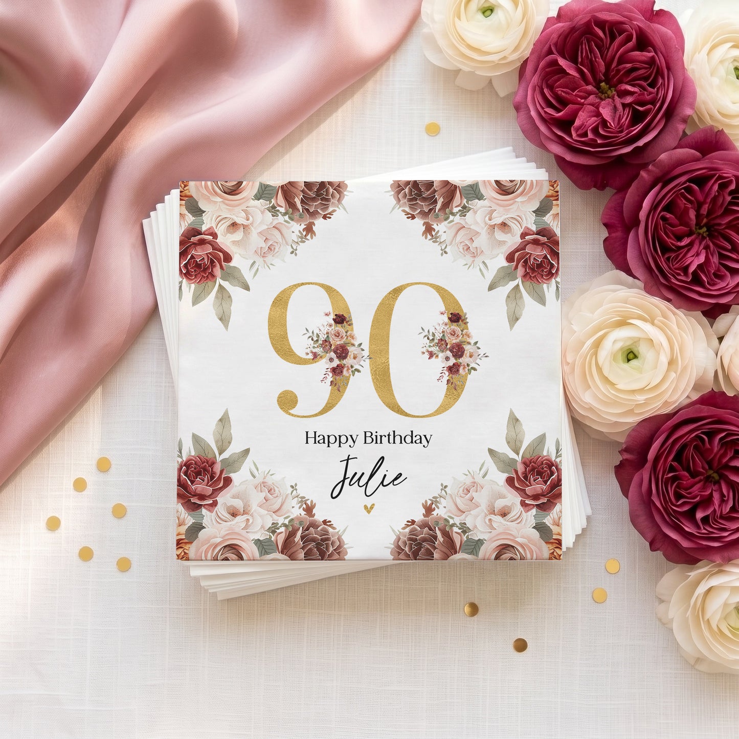 Floral Happy Birthday Julie 90th birthday napkins with gold numbers.