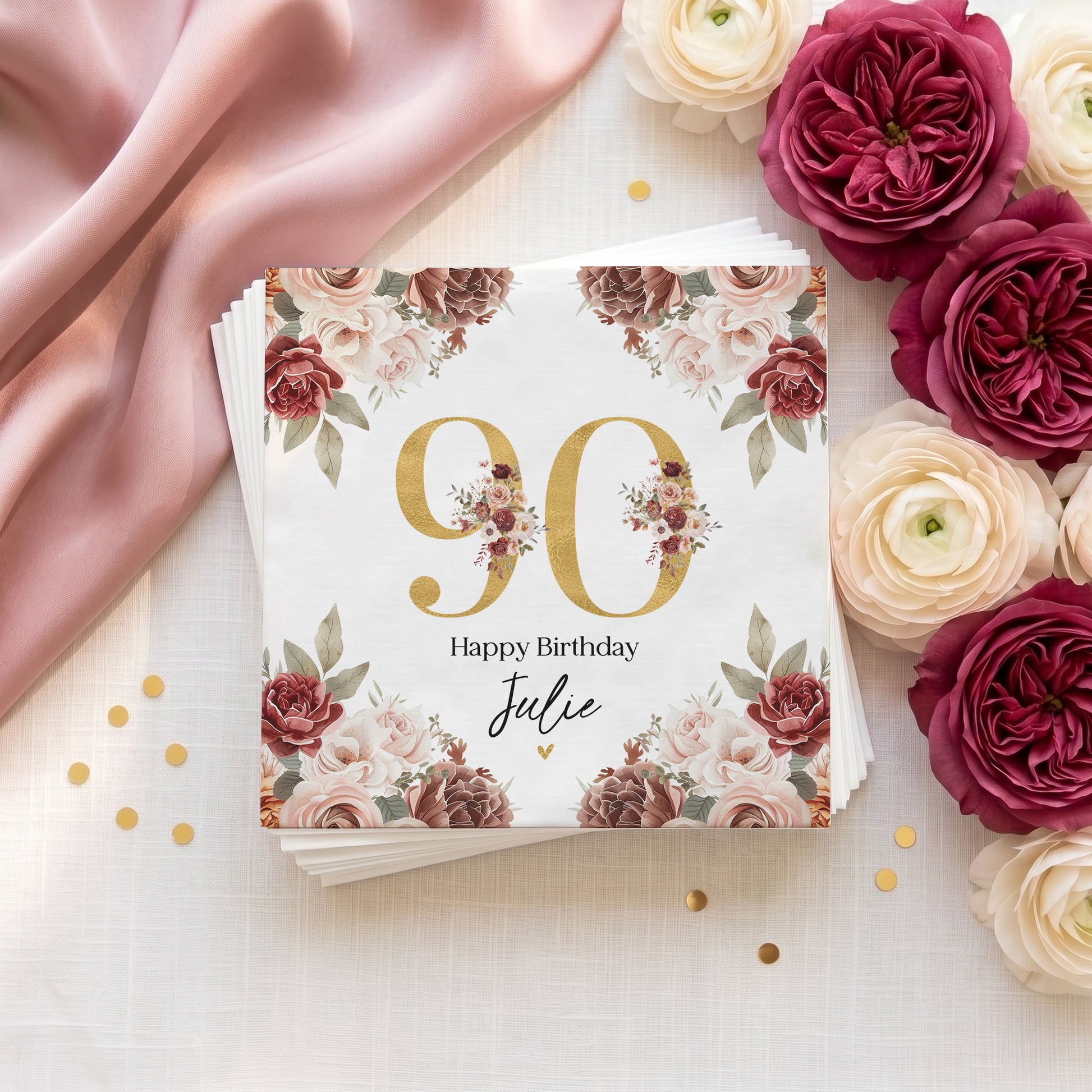 Floral Happy Birthday Julie 90th birthday napkins with gold numbers.