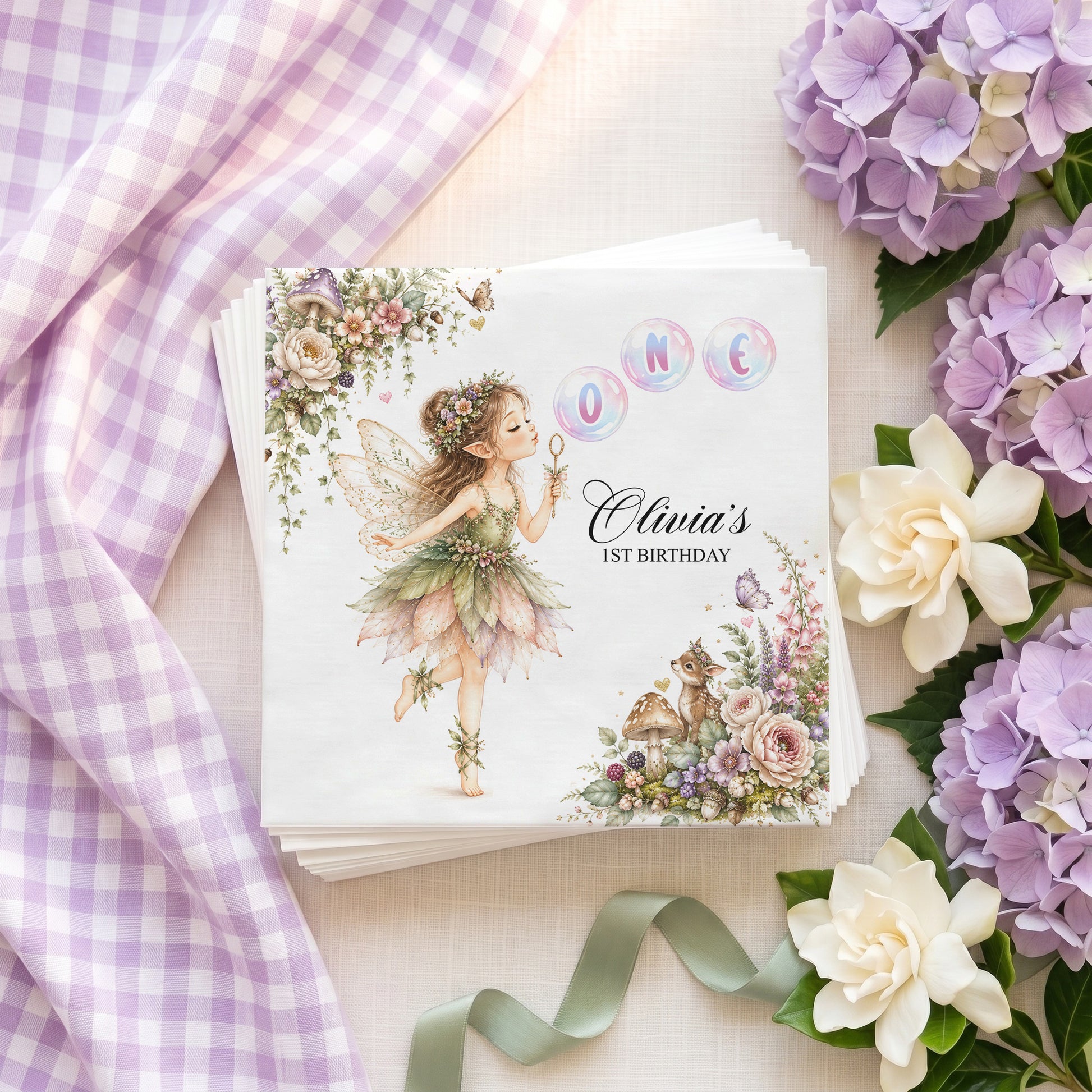 Fairy blowing bubbles with "Olivia's 1ST BIRTHDAY" text on stack of napkins.