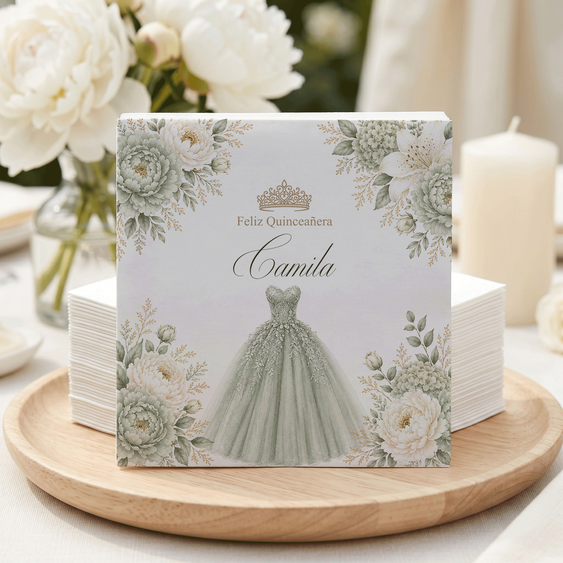 Quinceañera invitation with "Feliz Quinceañera Camila" text and floral border.
