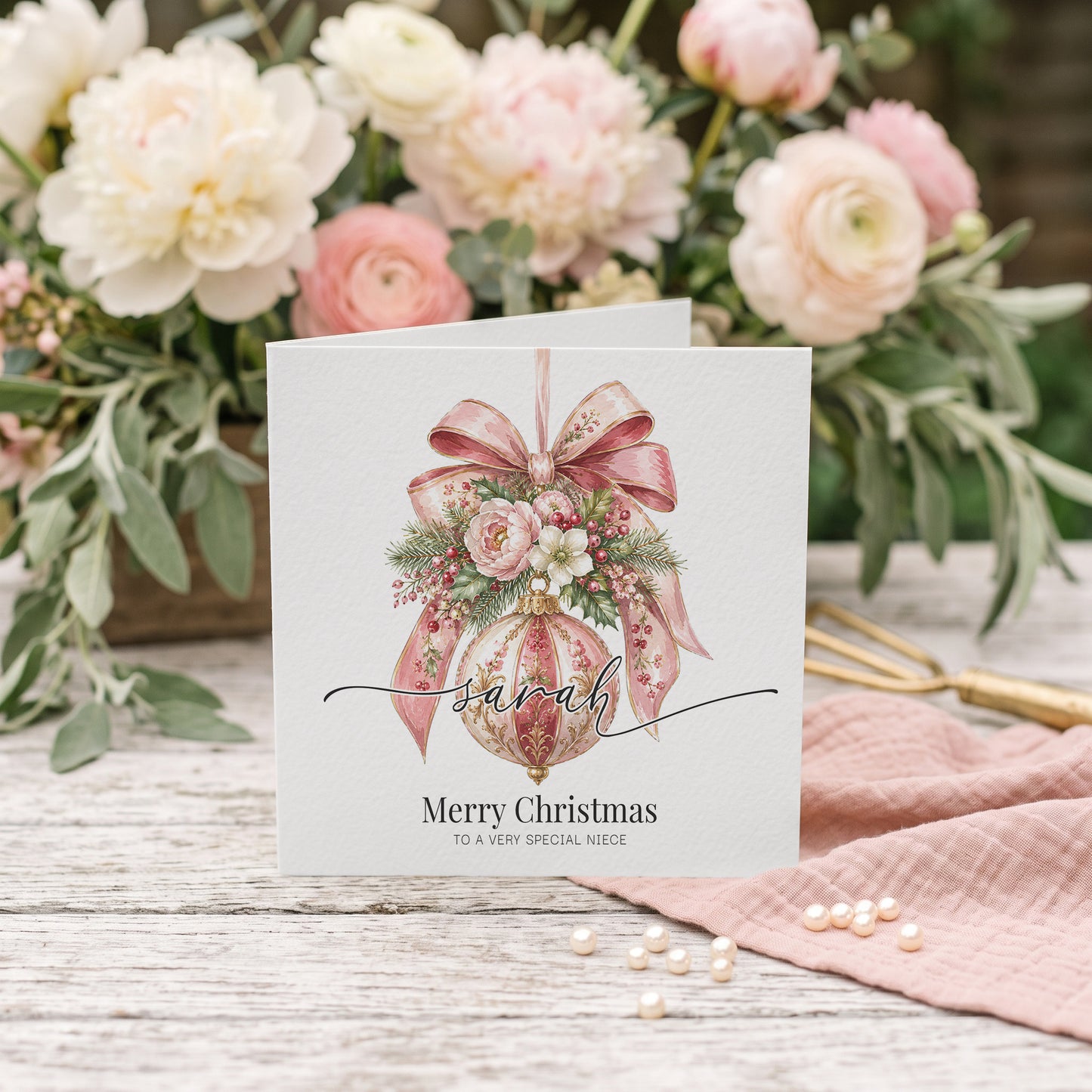 Personalized Niece Christmas Card | Pink Floral Ornament Design