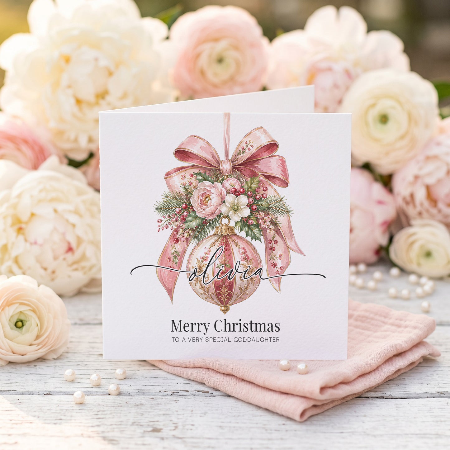 Personalized Goddaughter Christmas Card | Pink Floral Ornament Design
