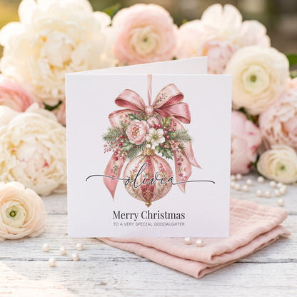 Personalized Goddaughter Christmas Card | Pink Floral Ornament Design